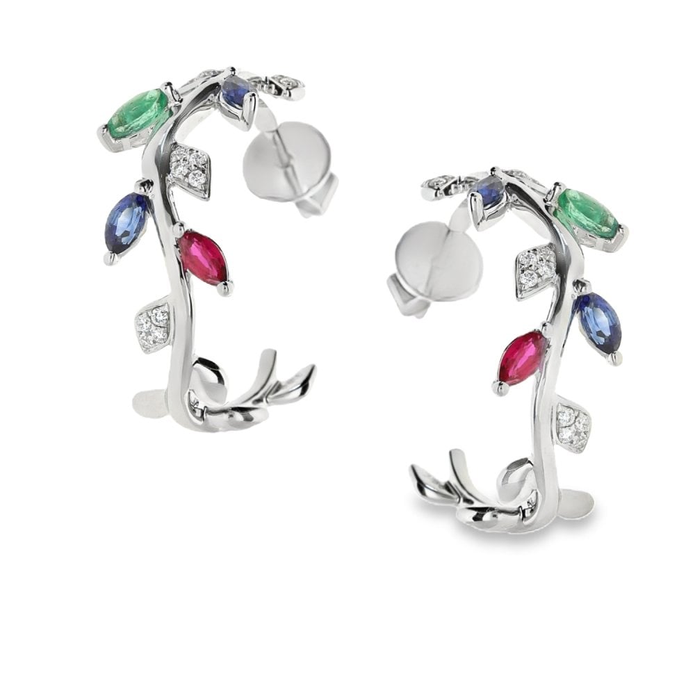 Ladies 9ct White Gold Diamond And Coloured Stone Hoop Earrings