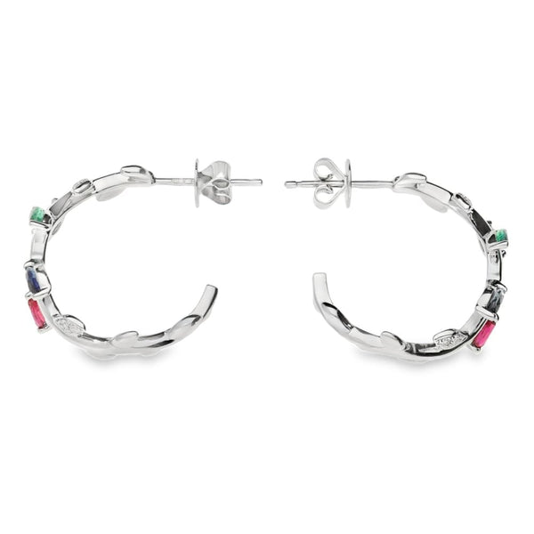 Ladies 9ct White Gold Diamond And Coloured Stone Hoop Earrings