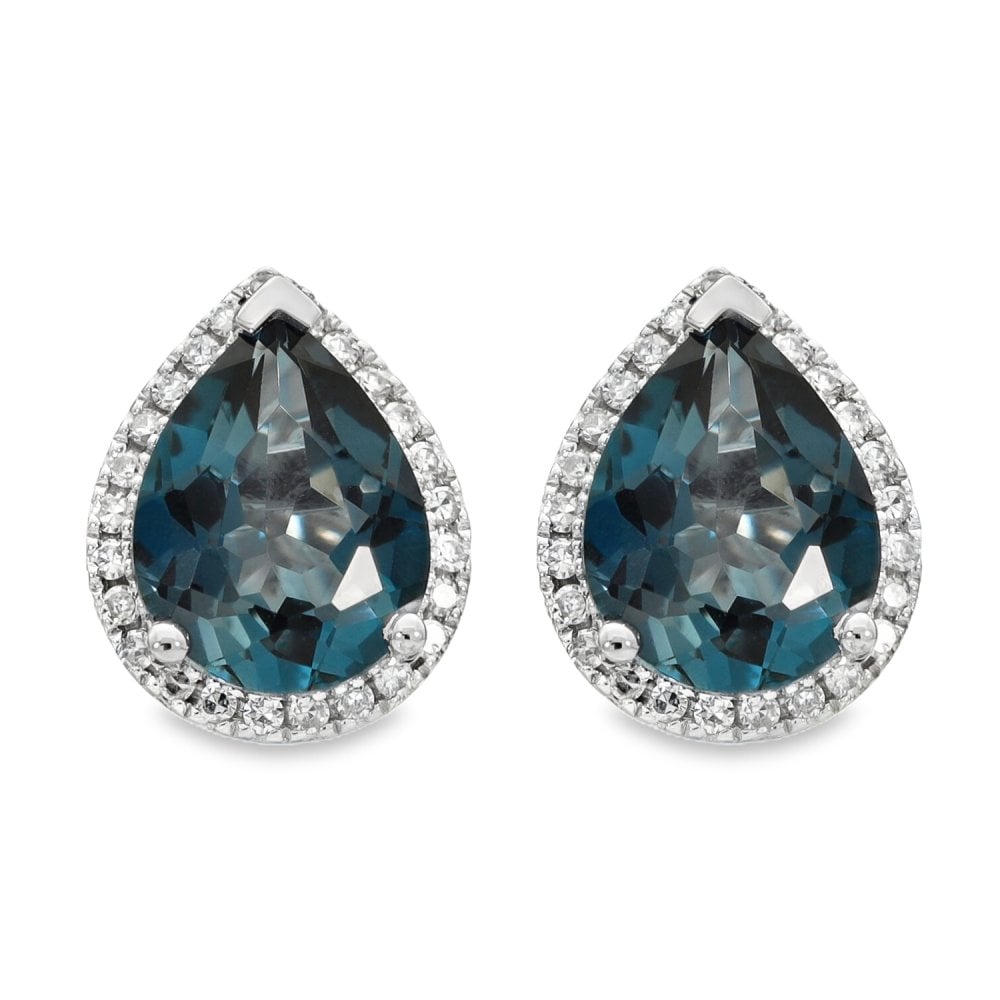 9ct White Gold Pear Blue Topaz Diamond Stud Earrings - 0.20ct
