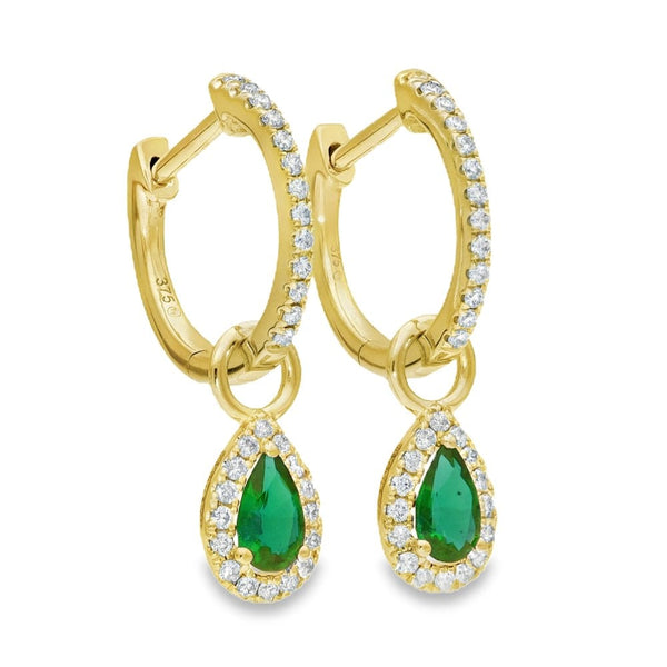 9ct Yellow Gold Diamond & Emerald Huggie Hoop Earrings - 0.13ct