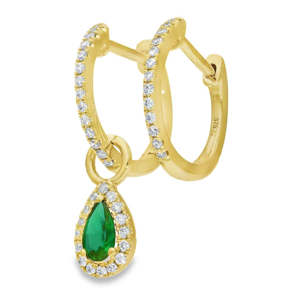 9ct Yellow Gold Diamond & Emerald Huggie Hoop Earrings - 0.13ct