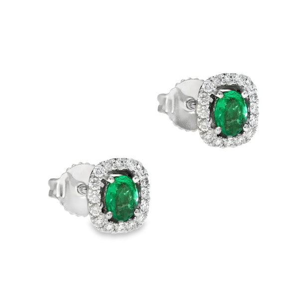 18ct White Gold Emerald & Diamond Halo Cluster Earrings - 0.19ct