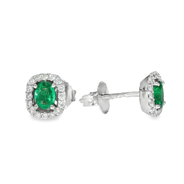 18ct White Gold Emerald & Diamond Halo Cluster Earrings - 0.19ct