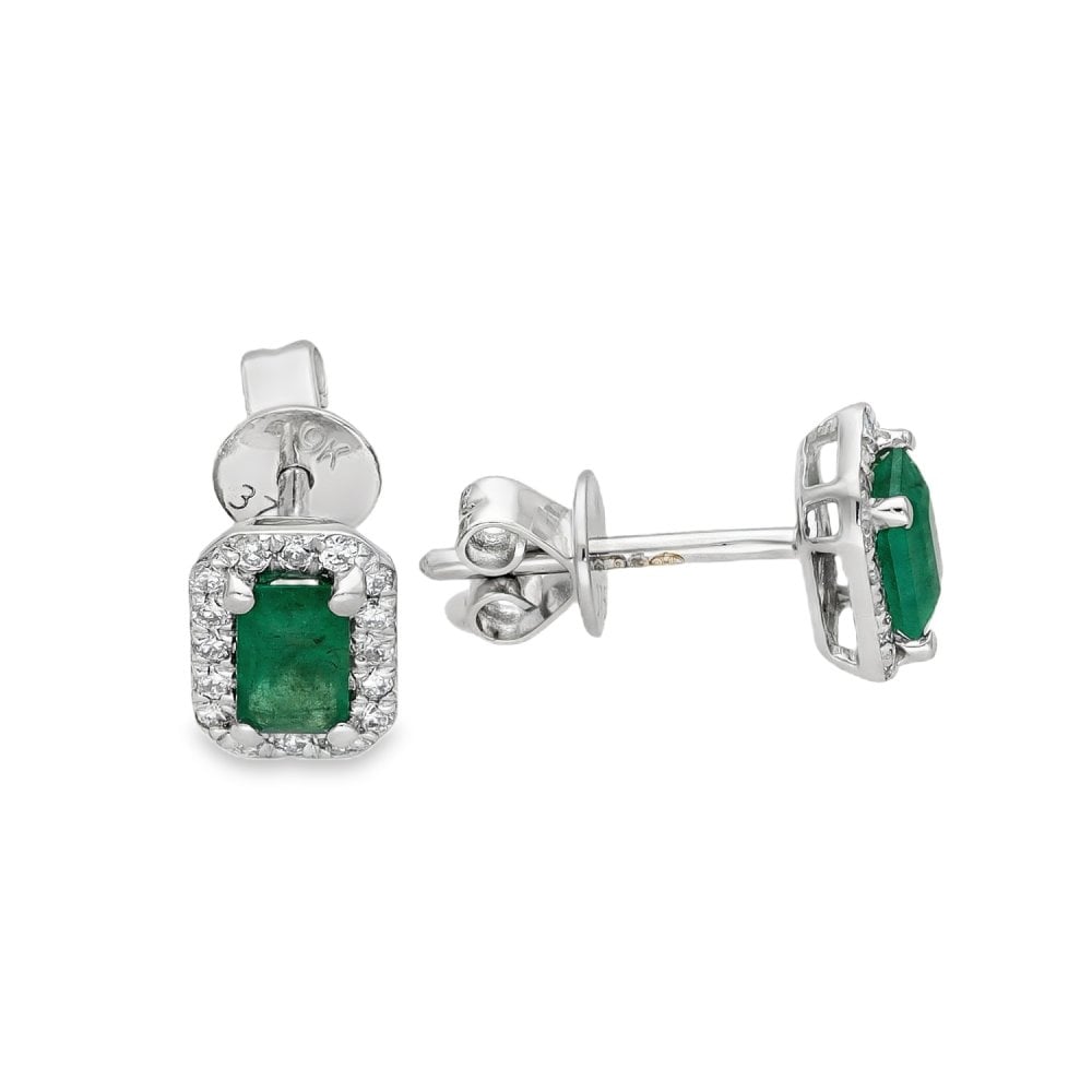 9ct White Gold Emerald & Diamond Cluster Earrings - 0.17ct