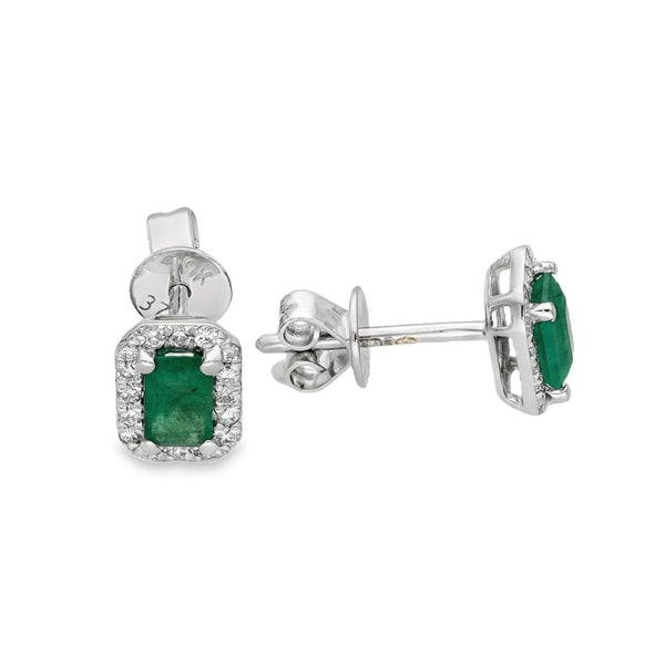 9ct White Gold Emerald & Diamond Cluster Earrings - 0.17ct