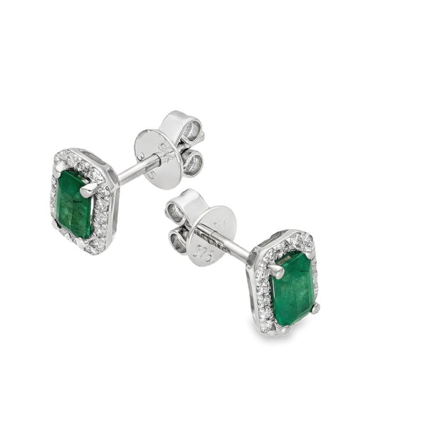 9ct White Gold Emerald & Diamond Cluster Earrings - 0.17ct