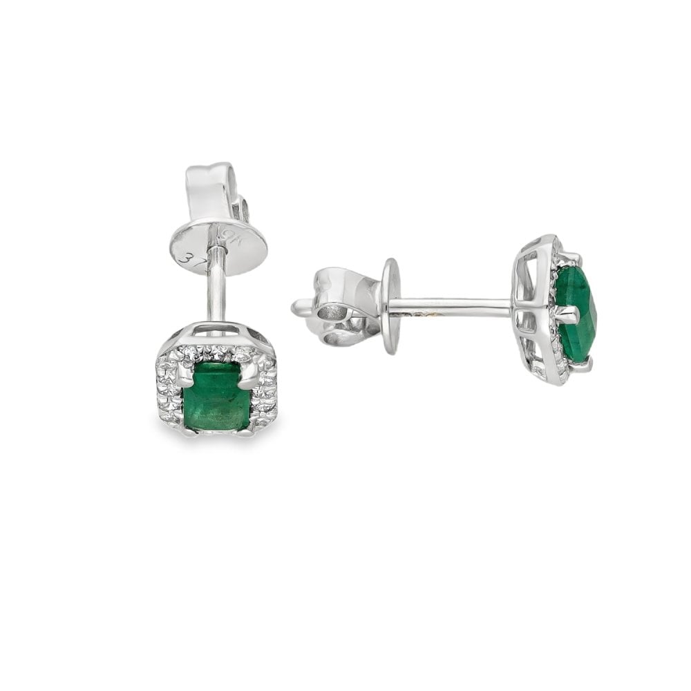 9ct White Gold Emerald & Diamond Cluster Earrings - 0.17ct