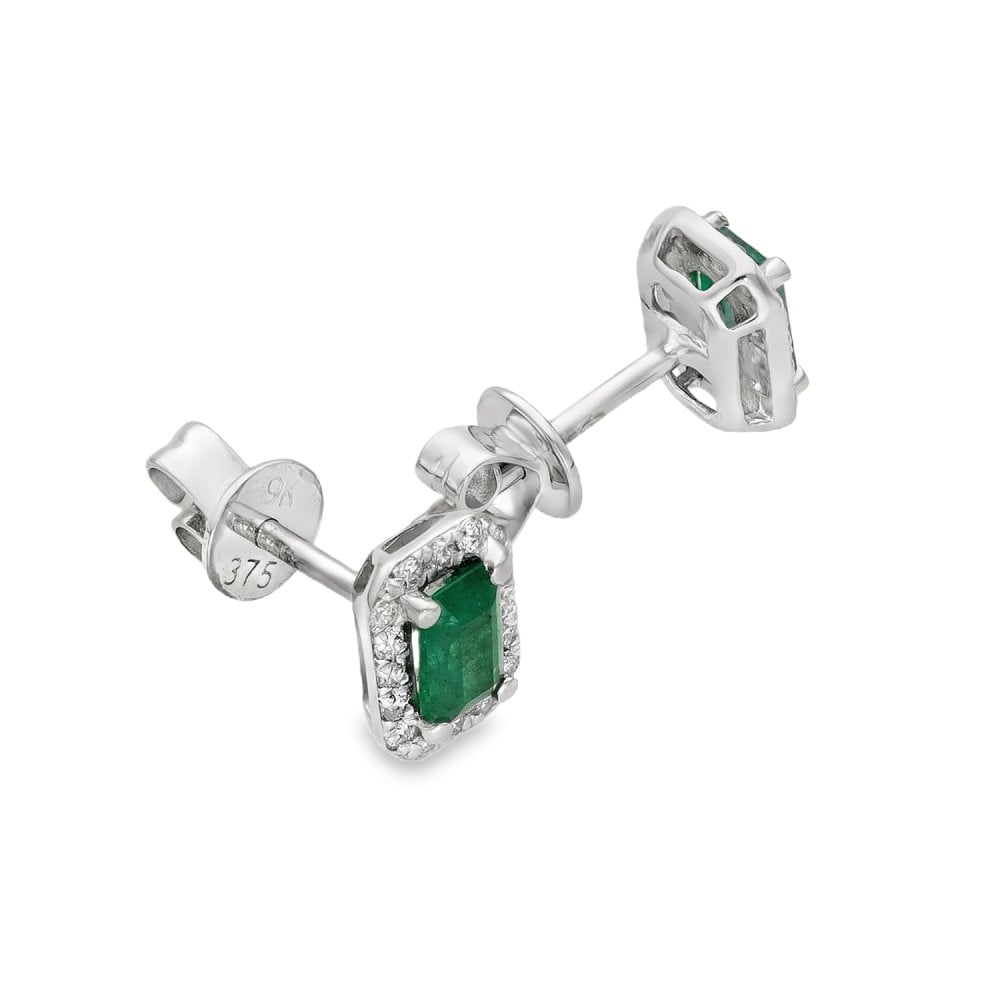 9ct White Gold Emerald & Diamond Cluster Earrings - 0.17ct