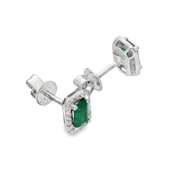 9ct White Gold Emerald & Diamond Cluster Earrings - 0.17ct