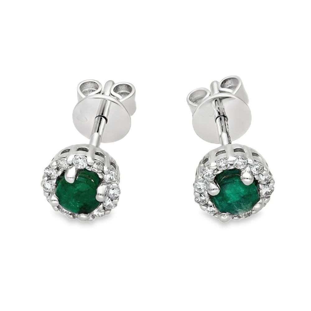 18ct White Gold Emerald & Diamond Stud Earrings - 0.15ct