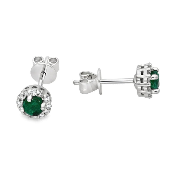 18ct White Gold Emerald & Diamond Stud Earrings - 0.15ct