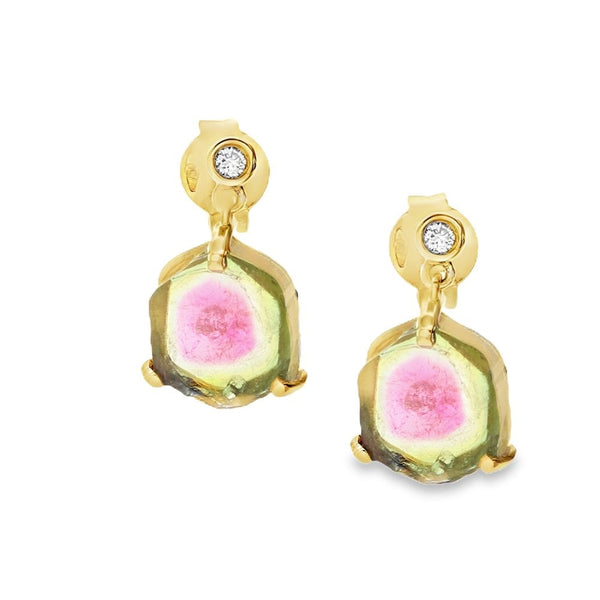 18ct Yellow Gold Tourmaline & Diamond Drop Earrings - 0.04ct
