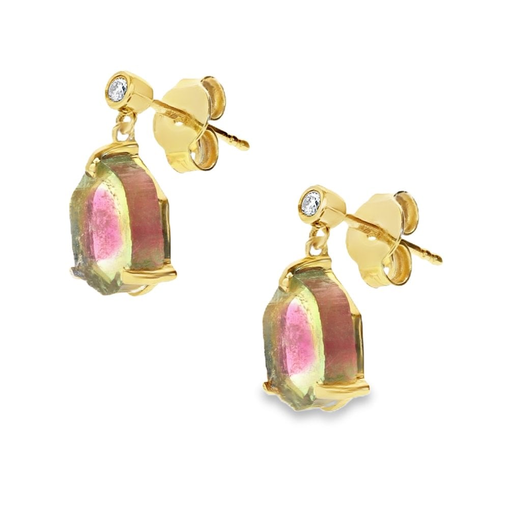 18ct Yellow Gold Tourmaline & Diamond Drop Earrings - 0.04ct