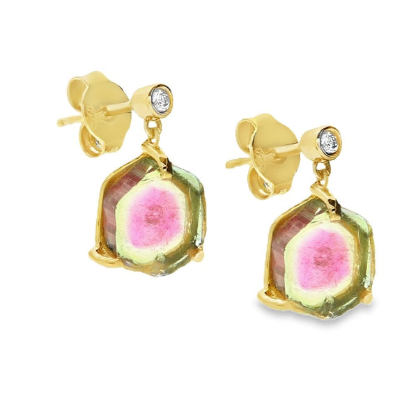 18ct Yellow Gold Tourmaline & Diamond Drop Earrings - 0.04ct