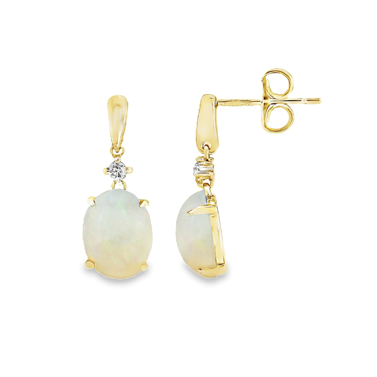 9ct Yellow Gold Opal & Diamond Drop Earrings - 0.06ct