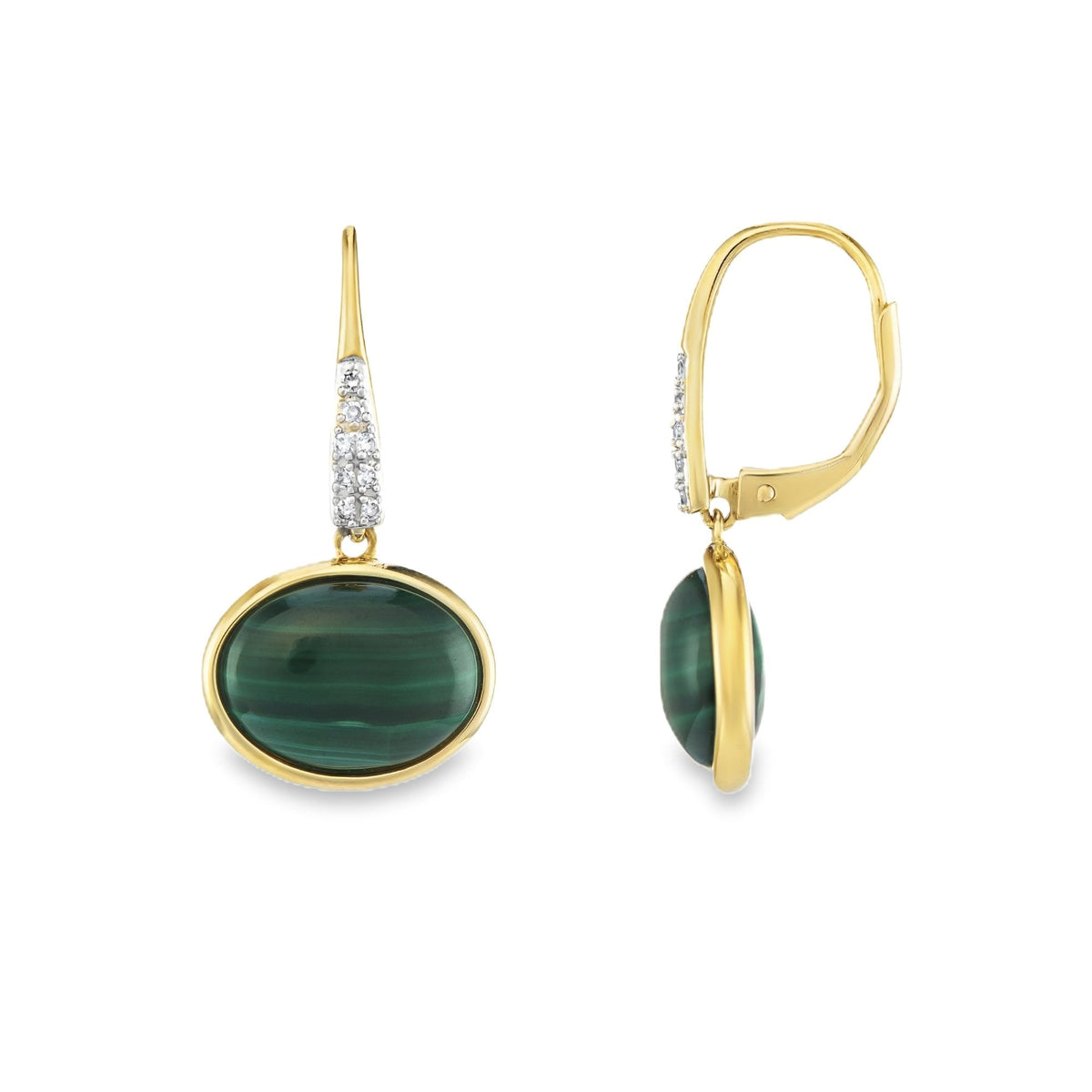 9ct Yellow Gold Oval Malachite & Diamond Earrings - 0.08ct