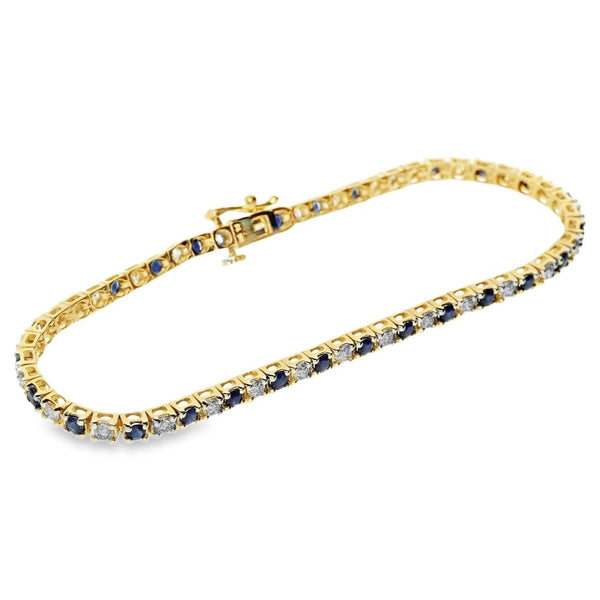 9ct Yellow Gold Sapphire & Diamond Tennis Bracelet -7.5" -1.53ct