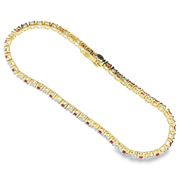 9ct Yellow Gold Diamond & Ruby Gold Tennis Bracelet - 7.5"