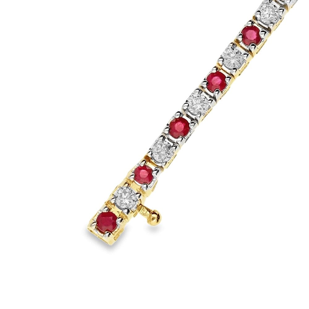 9ct Yellow Gold Diamond & Ruby Gold Tennis Bracelet - 7.5"