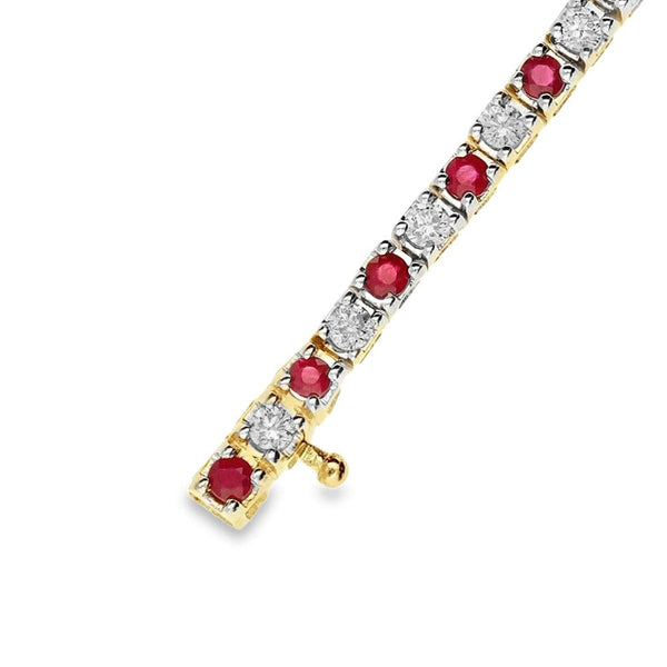 9ct Yellow Gold Diamond & Ruby Gold Tennis Bracelet - 7.5"