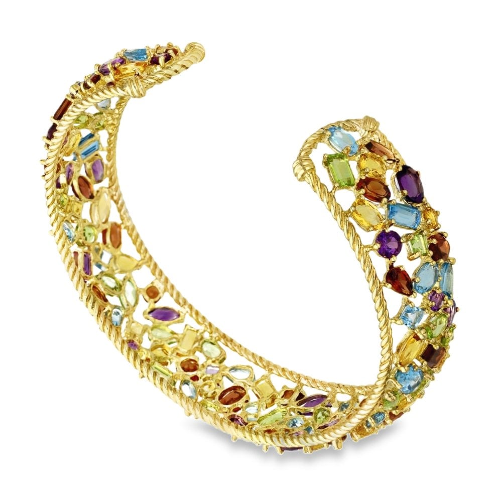 Ladies 9ct Yellow Gold Multi Coloured Stone Bangle - 22.0g