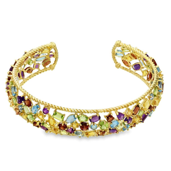 Ladies 9ct Yellow Gold Multi Coloured Stone Bangle - 22.0g