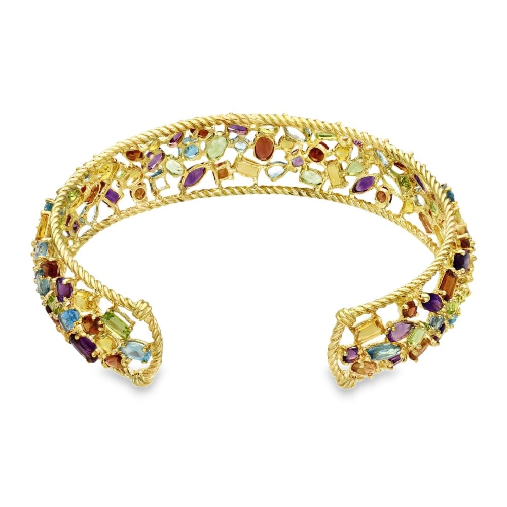 Ladies 9ct Yellow Gold Multi Coloured Stone Bangle - 22.0g