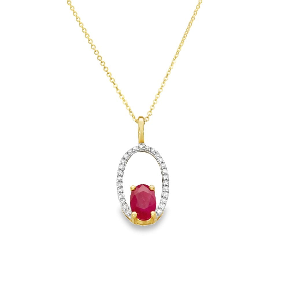 9ct Yellow Gold Diamond & Ruby Pendant & Chain - 18" - 2.3g