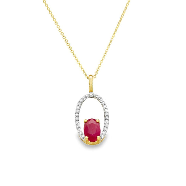 9ct Yellow Gold Diamond & Ruby Pendant & Chain - 18" - 2.3g