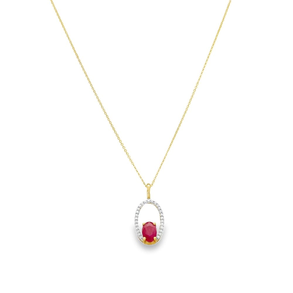 9ct Yellow Gold Diamond & Ruby Pendant & Chain - 18" - 2.3g