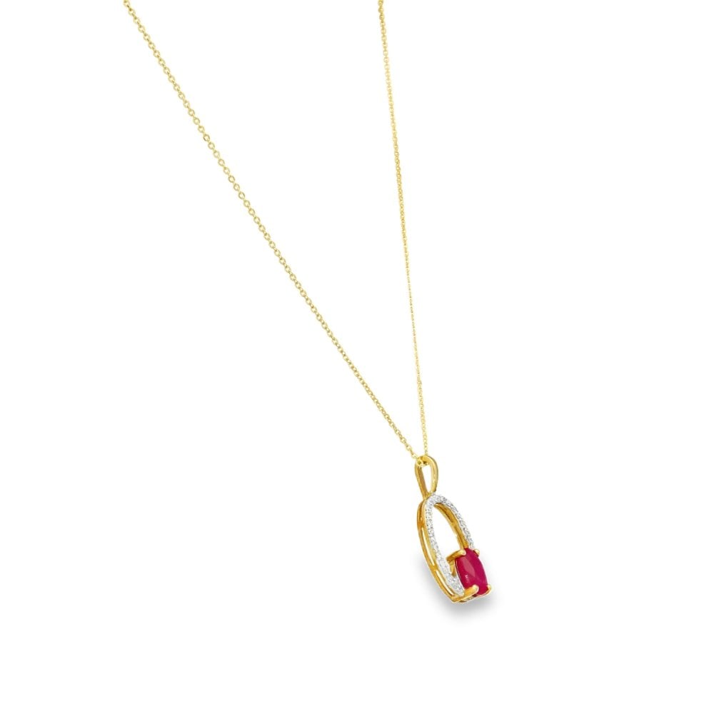 9ct Yellow Gold Diamond & Ruby Pendant & Chain - 18" - 2.3g