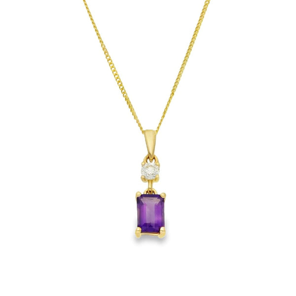 9ct Yellow Gold Amethyst & Diamond Pendant & Necklace - 18"