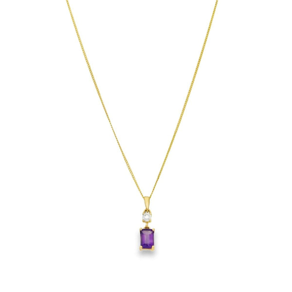 9ct Yellow Gold Amethyst & Diamond Pendant & Necklace - 18"
