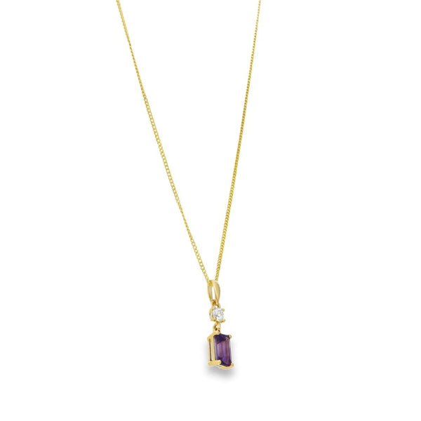 9ct Yellow Gold Amethyst & Diamond Pendant & Necklace - 18"
