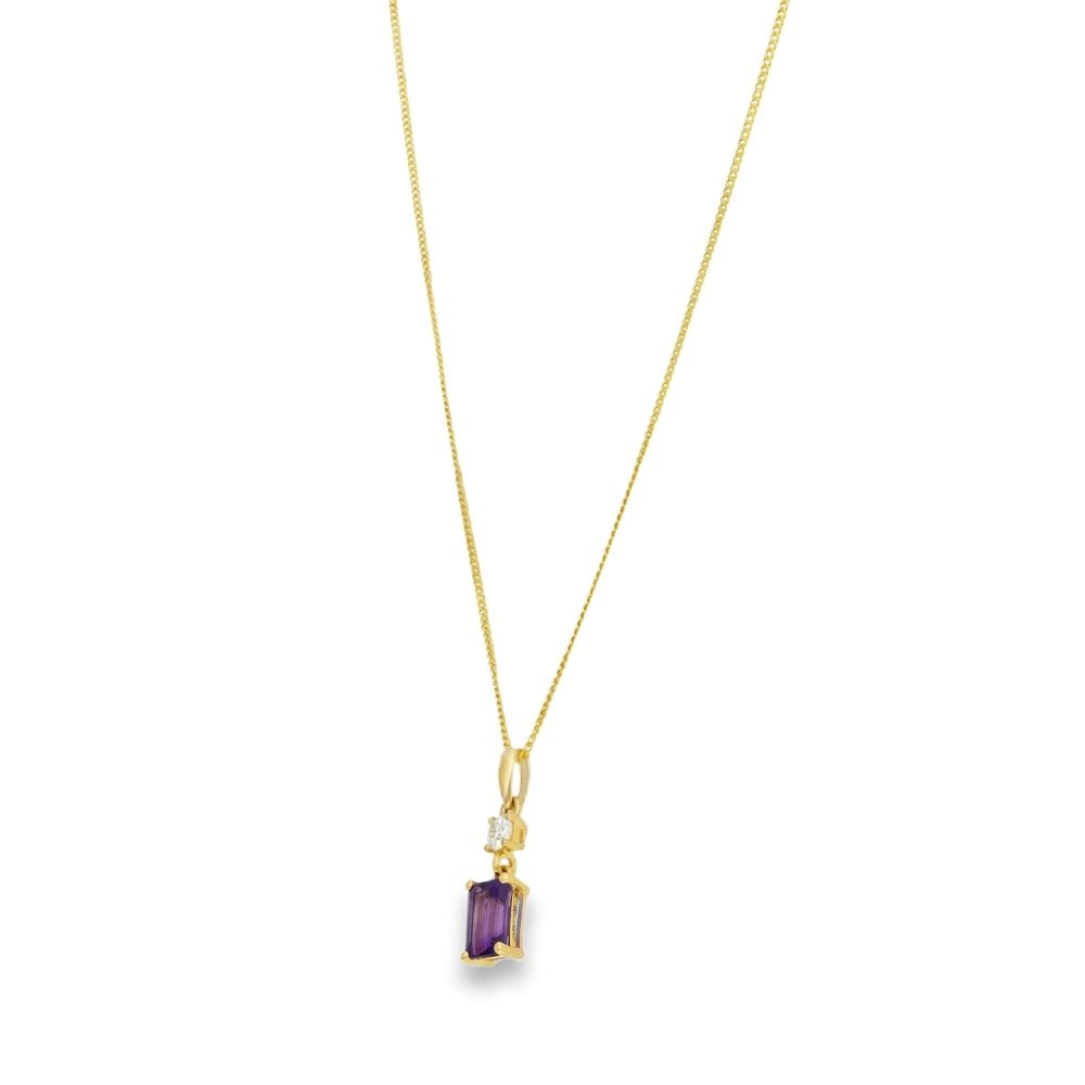 9ct Yellow Gold Amethyst & Diamond Pendant & Necklace - 18"
