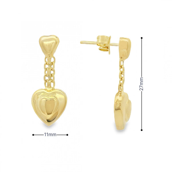14ct Yellow Gold Fancy Heart Drop Earrings - 11x27mm - 4.4g