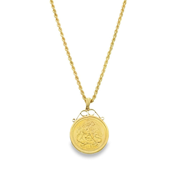 1987 Yellow Gold 1/4oz Angel Coin Pendant & Rope Chain - 24"