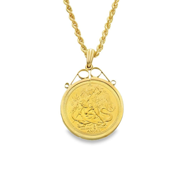 1987 Yellow Gold 1/4oz Angel Coin Pendant & Rope Chain - 24"