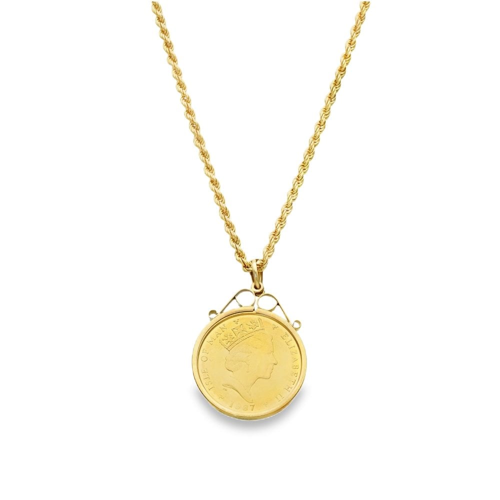1987 Yellow Gold 1/4oz Angel Coin Pendant & Rope Chain - 24"