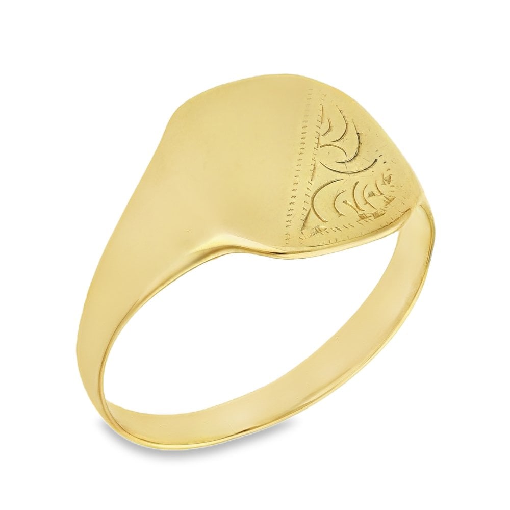 9ct Yellow Gold Half-Engraved Signet Ring - Size U - 14mm