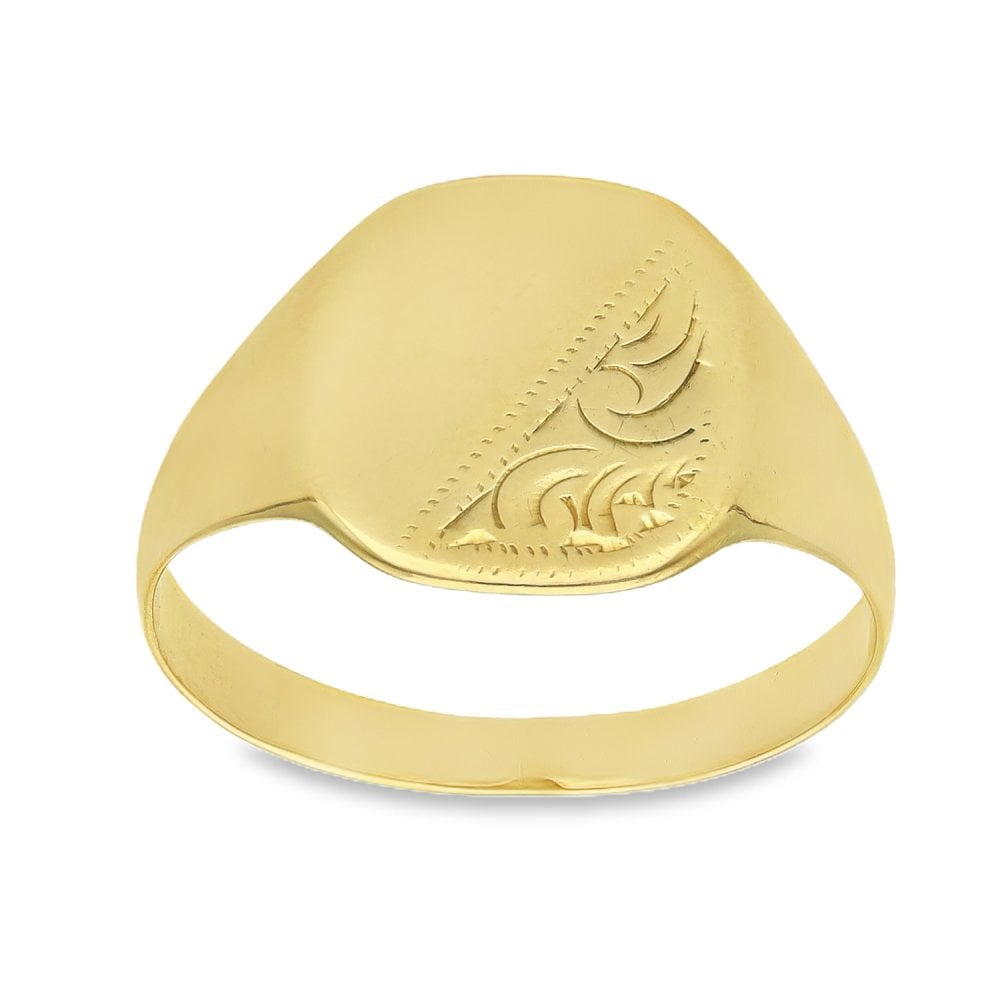 9ct Yellow Gold Half-Engraved Signet Ring - Size U - 14mm