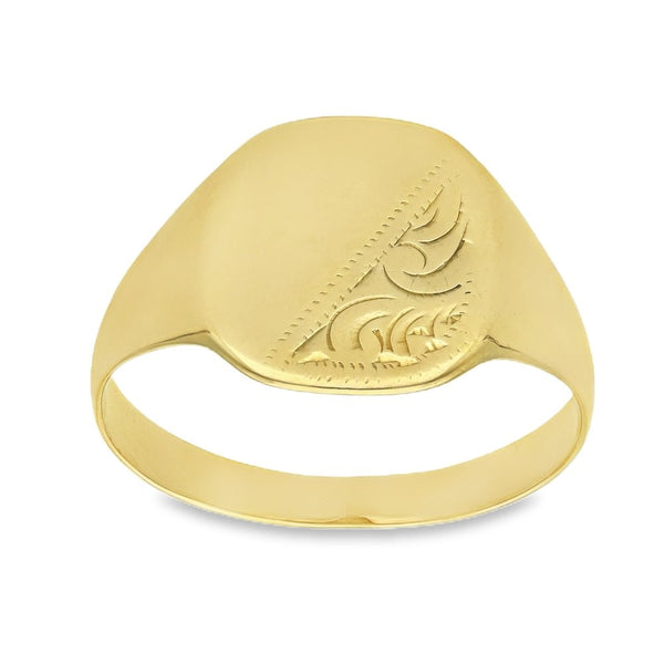 9ct Yellow Gold Half-Engraved Signet Ring - Size U - 14mm