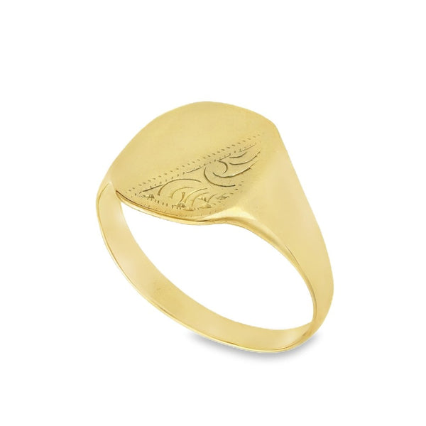 9ct Yellow Gold Half-Engraved Signet Ring - Size U - 14mm