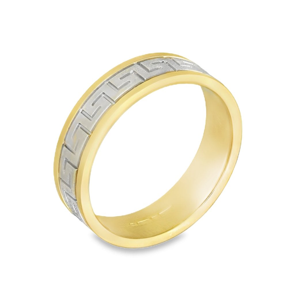 9ct Yellow & White Gold Greek Key Wedding Band - Size V - 6mm