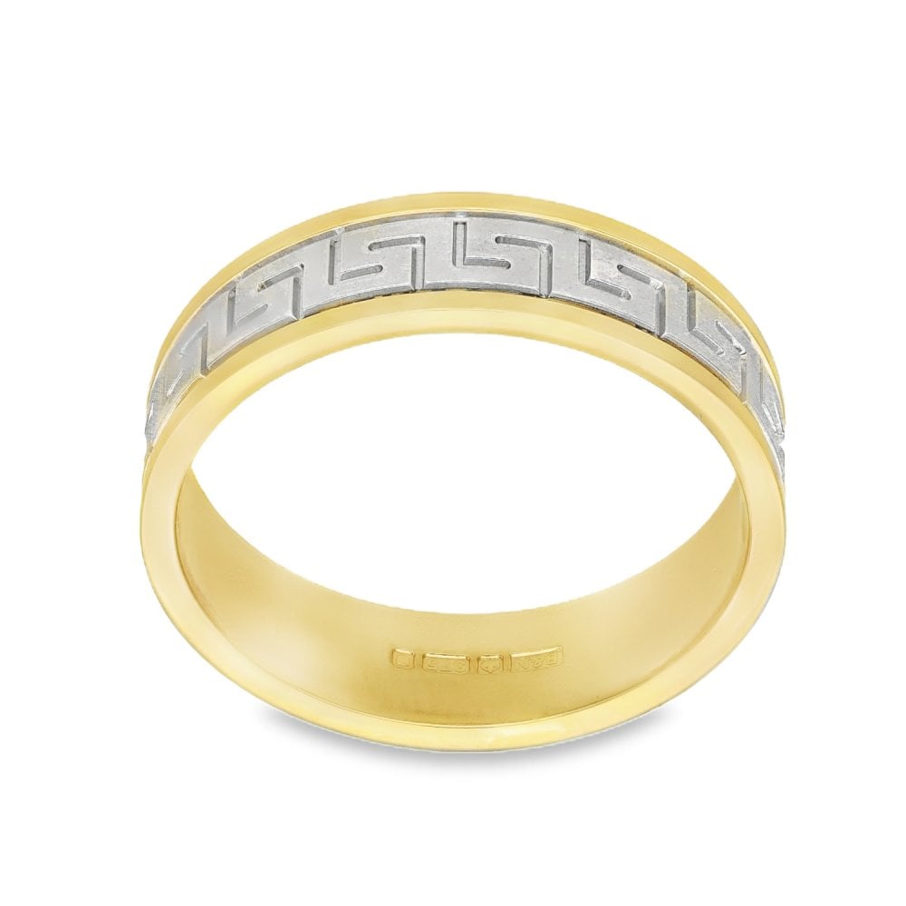 9ct Yellow & White Gold Greek Key Wedding Band - Size V - 6mm