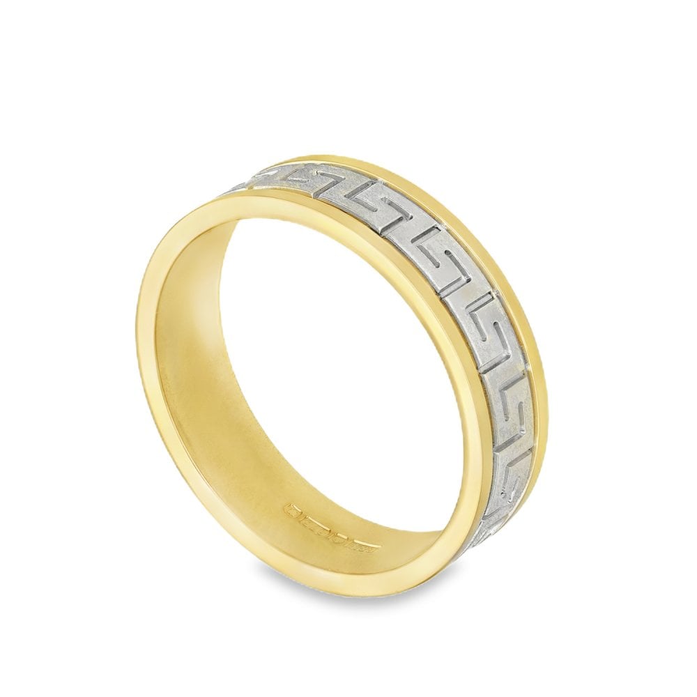 9ct Yellow & White Gold Greek Key Wedding Band - Size V - 6mm