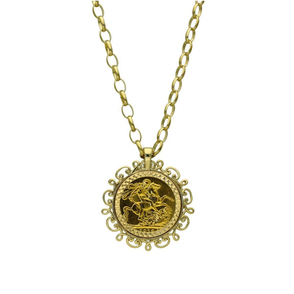 1918 Yellow Gold Half Sovereign Coin Pendant & Chain - 23"