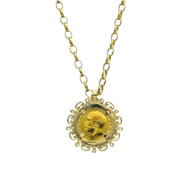 1918 Yellow Gold Half Sovereign Coin Pendant & Chain - 23"