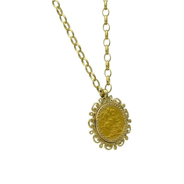 1918 Yellow Gold Half Sovereign Coin Pendant & Chain - 23"