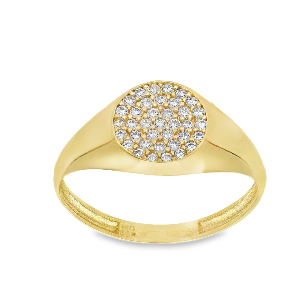 9ct Yellow Gold Round Cubic Zirconia Signet Ring - Size N - 9mm
